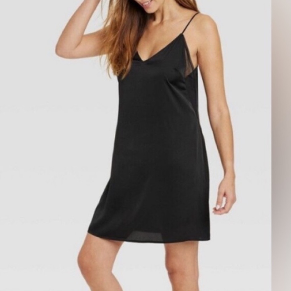 Stars Above Satin Chemise Nightgown Mesh Inset Adjustable Straps, Black, Sz L